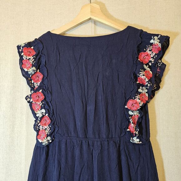 Sophie Max Navy Blue Midi Dress Red Floral Embroidery Tassels Womens Medium - Picture 7 of 10